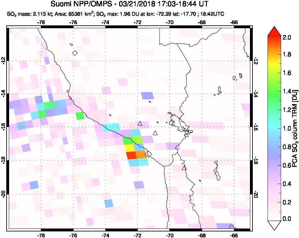 A sulfur dioxide image over Peru on Mar 21, 2018.