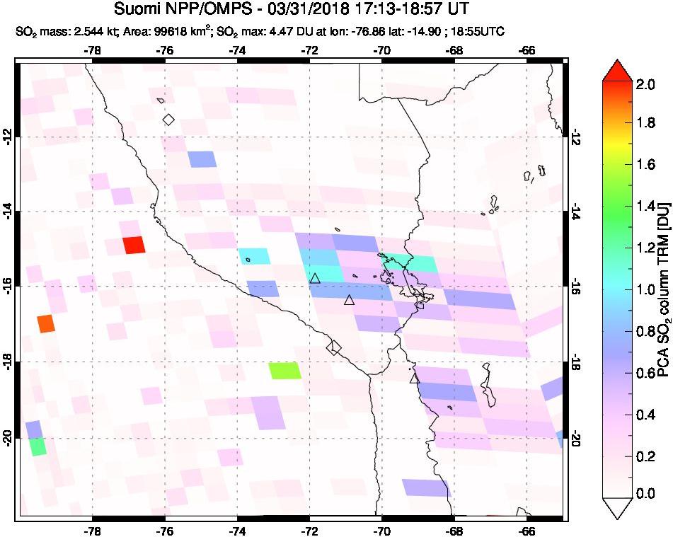 A sulfur dioxide image over Peru on Mar 31, 2018.