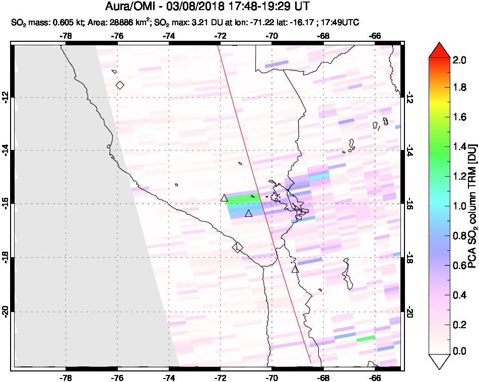 A sulfur dioxide image over Peru on Mar 08, 2018.