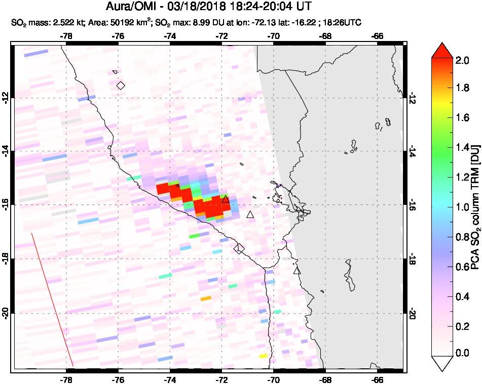 A sulfur dioxide image over Peru on Mar 18, 2018.