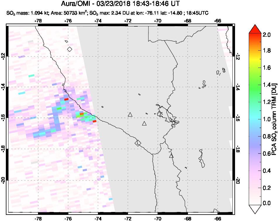 A sulfur dioxide image over Peru on Mar 23, 2018.