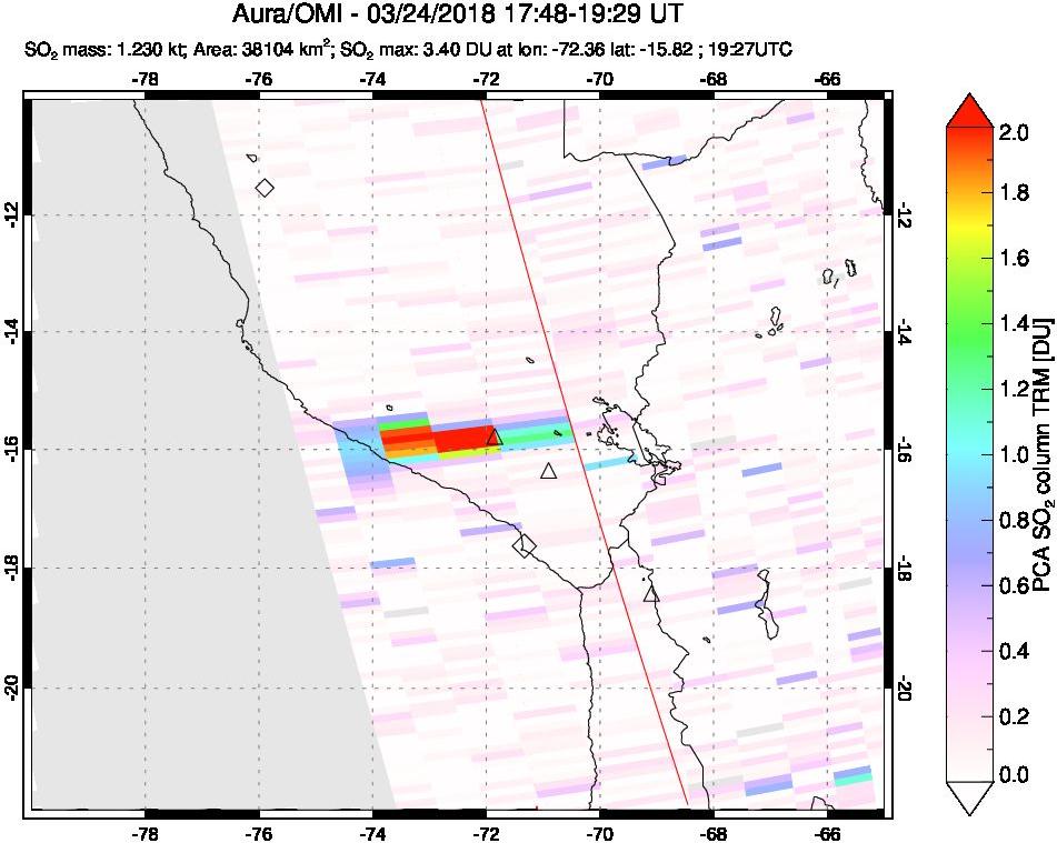 A sulfur dioxide image over Peru on Mar 24, 2018.