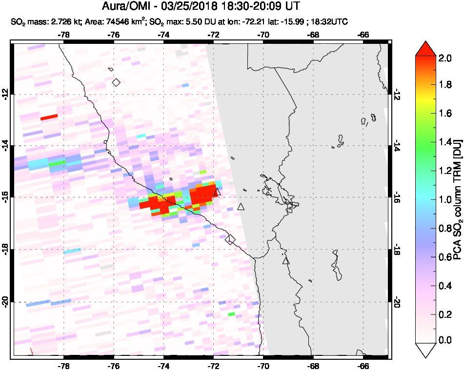 A sulfur dioxide image over Peru on Mar 25, 2018.