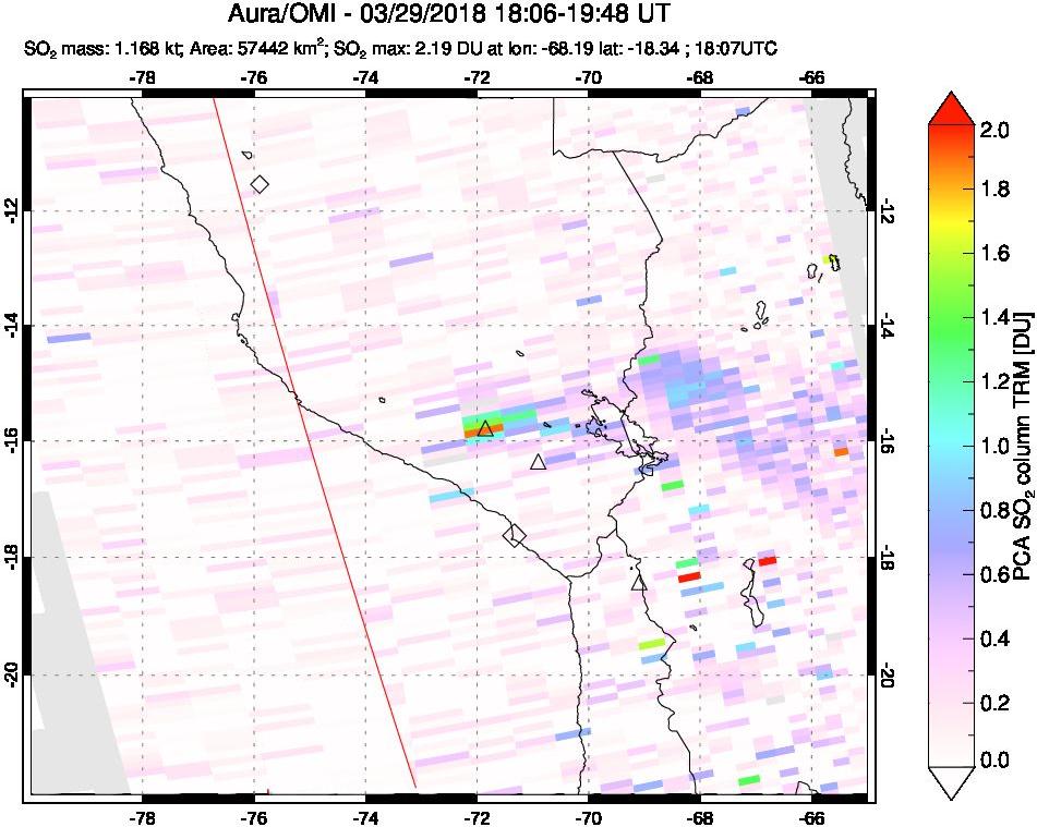 A sulfur dioxide image over Peru on Mar 29, 2018.