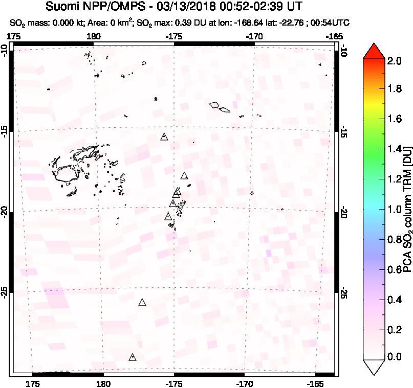 A sulfur dioxide image over Tonga, South Pacific on Mar 13, 2018.