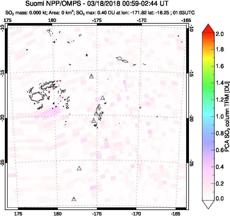 A sulfur dioxide image over Tonga, South Pacific on Mar 18, 2018.