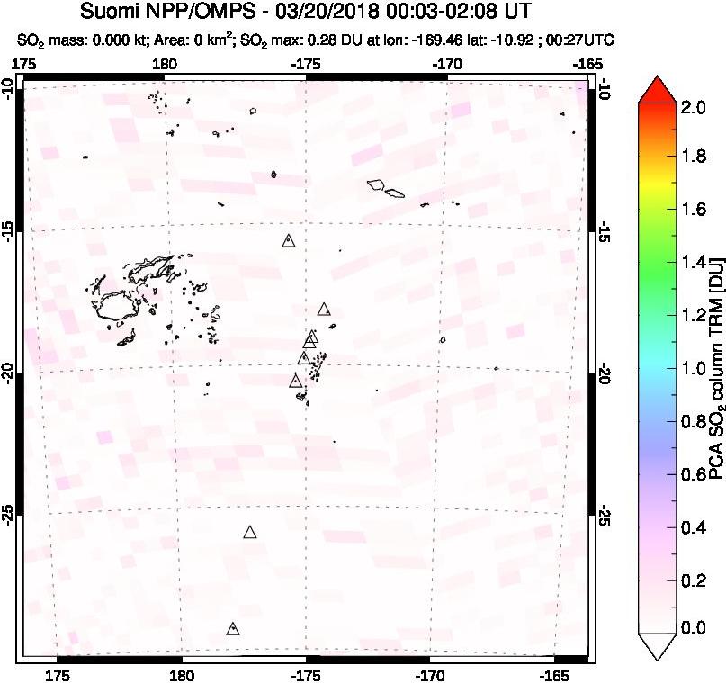 A sulfur dioxide image over Tonga, South Pacific on Mar 20, 2018.