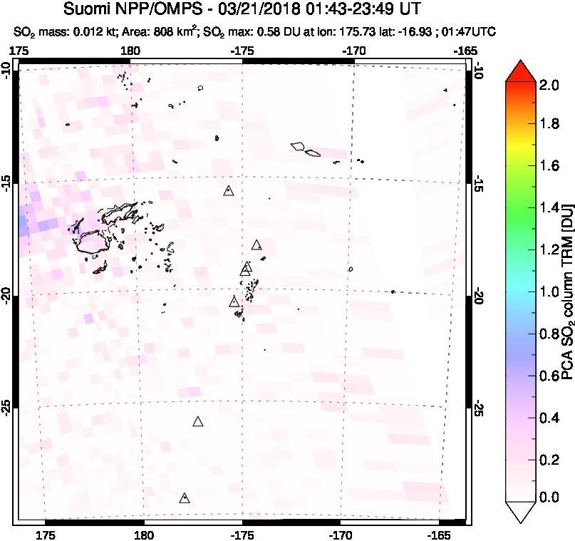 A sulfur dioxide image over Tonga, South Pacific on Mar 21, 2018.