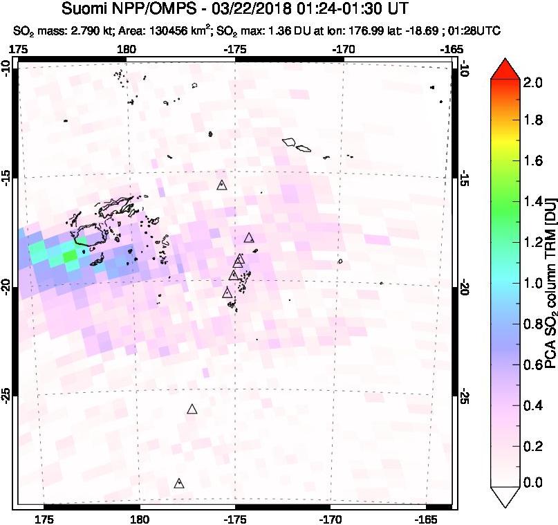 A sulfur dioxide image over Tonga, South Pacific on Mar 22, 2018.
