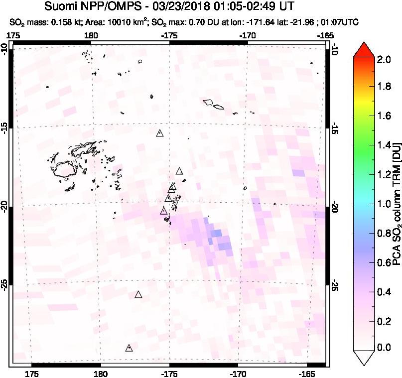 A sulfur dioxide image over Tonga, South Pacific on Mar 23, 2018.