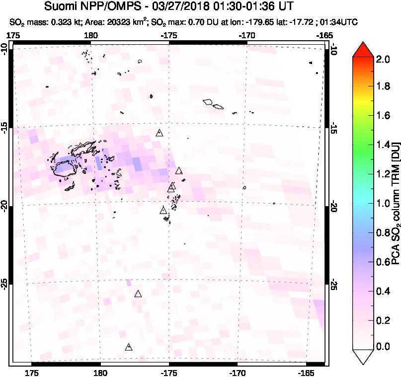 A sulfur dioxide image over Tonga, South Pacific on Mar 27, 2018.