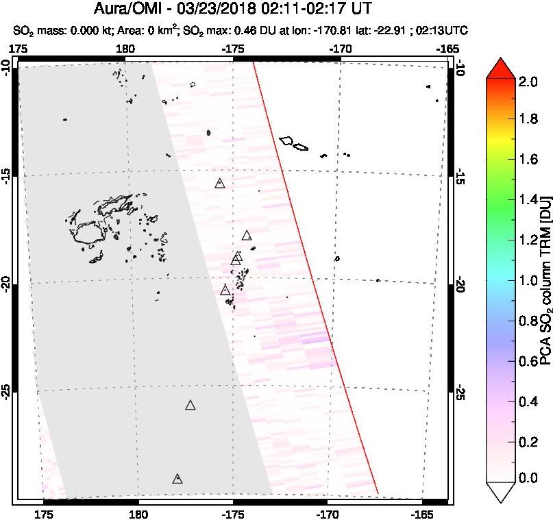 A sulfur dioxide image over Tonga, South Pacific on Mar 23, 2018.