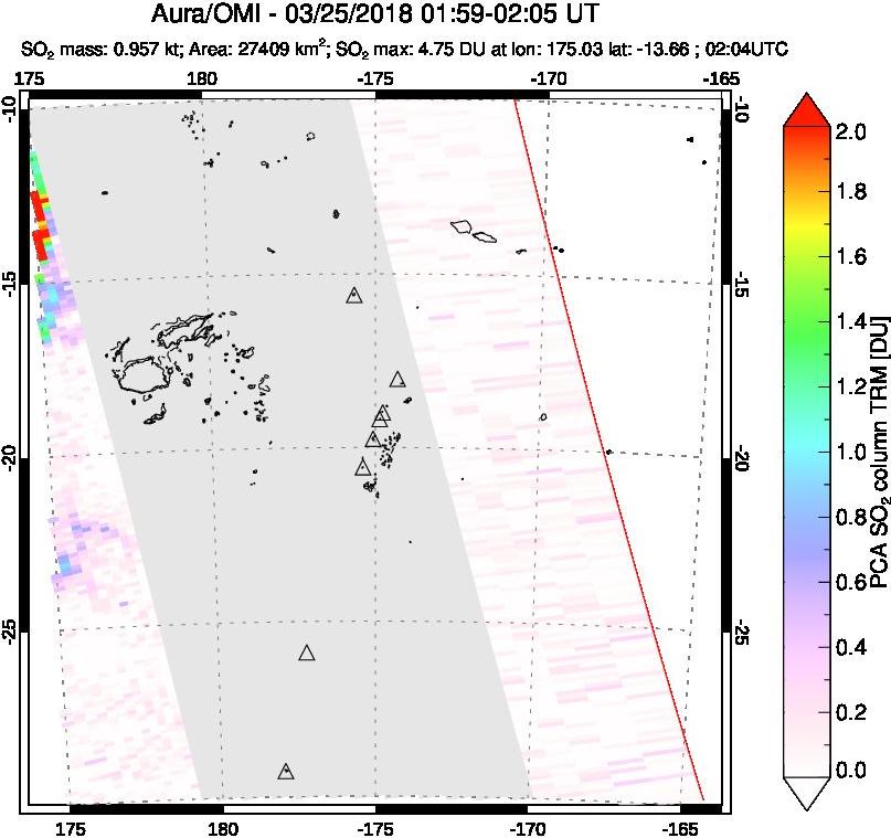 A sulfur dioxide image over Tonga, South Pacific on Mar 25, 2018.