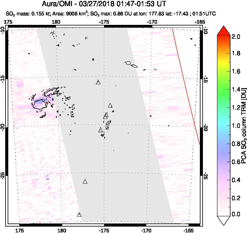 A sulfur dioxide image over Tonga, South Pacific on Mar 27, 2018.