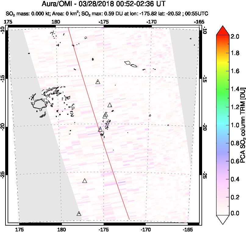 A sulfur dioxide image over Tonga, South Pacific on Mar 28, 2018.