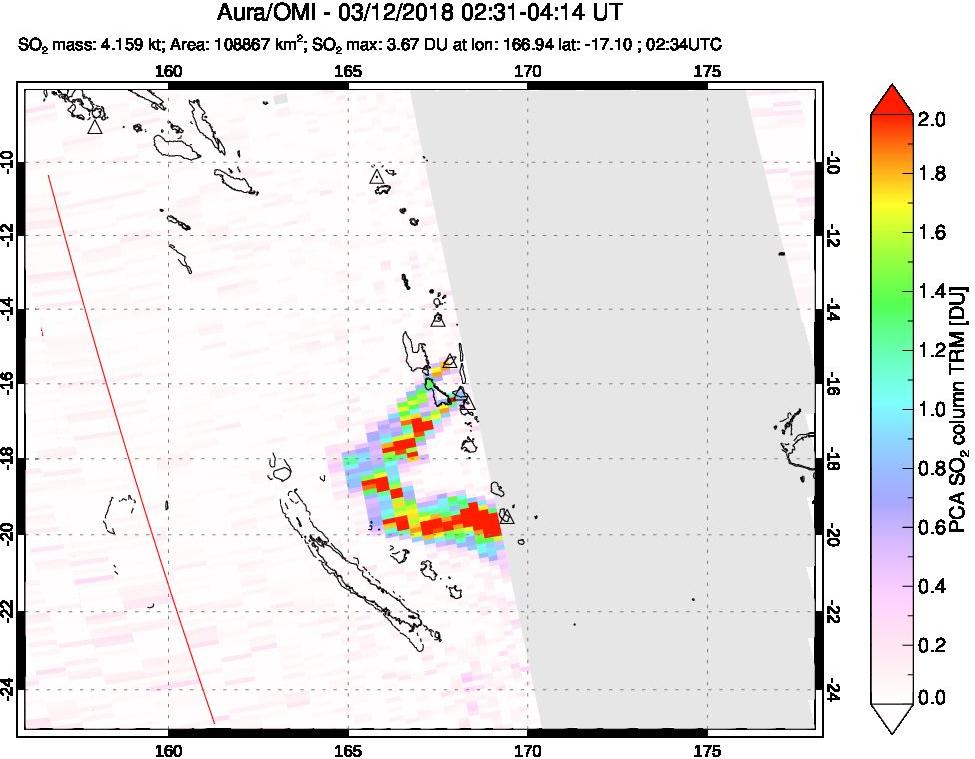 A sulfur dioxide image over Vanuatu, South Pacific on Mar 12, 2018.