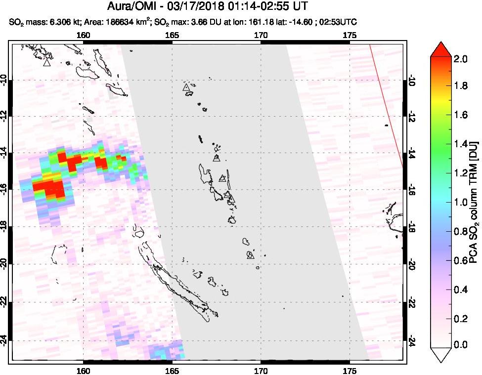 A sulfur dioxide image over Vanuatu, South Pacific on Mar 17, 2018.