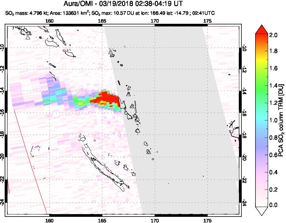 A sulfur dioxide image over Vanuatu, South Pacific on Mar 19, 2018.