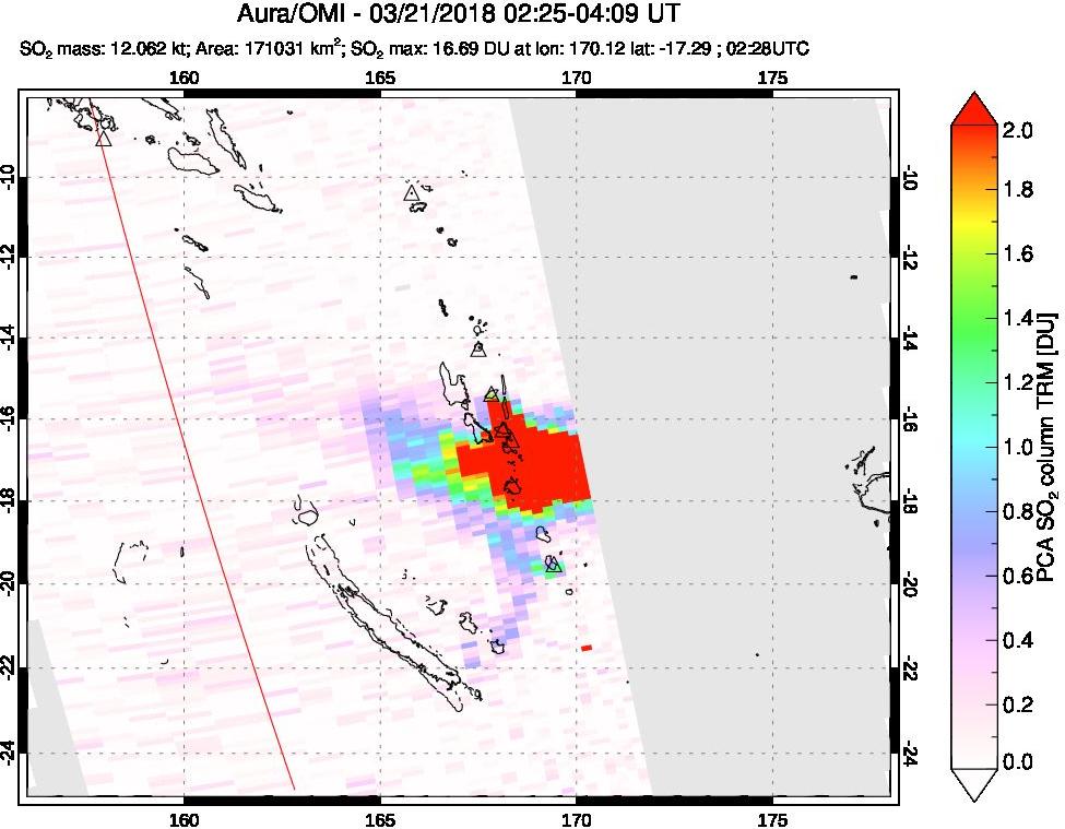 A sulfur dioxide image over Vanuatu, South Pacific on Mar 21, 2018.