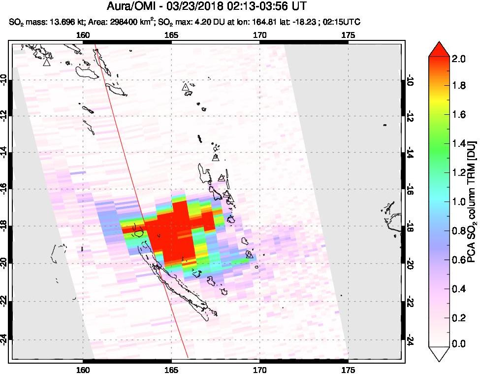 A sulfur dioxide image over Vanuatu, South Pacific on Mar 23, 2018.
