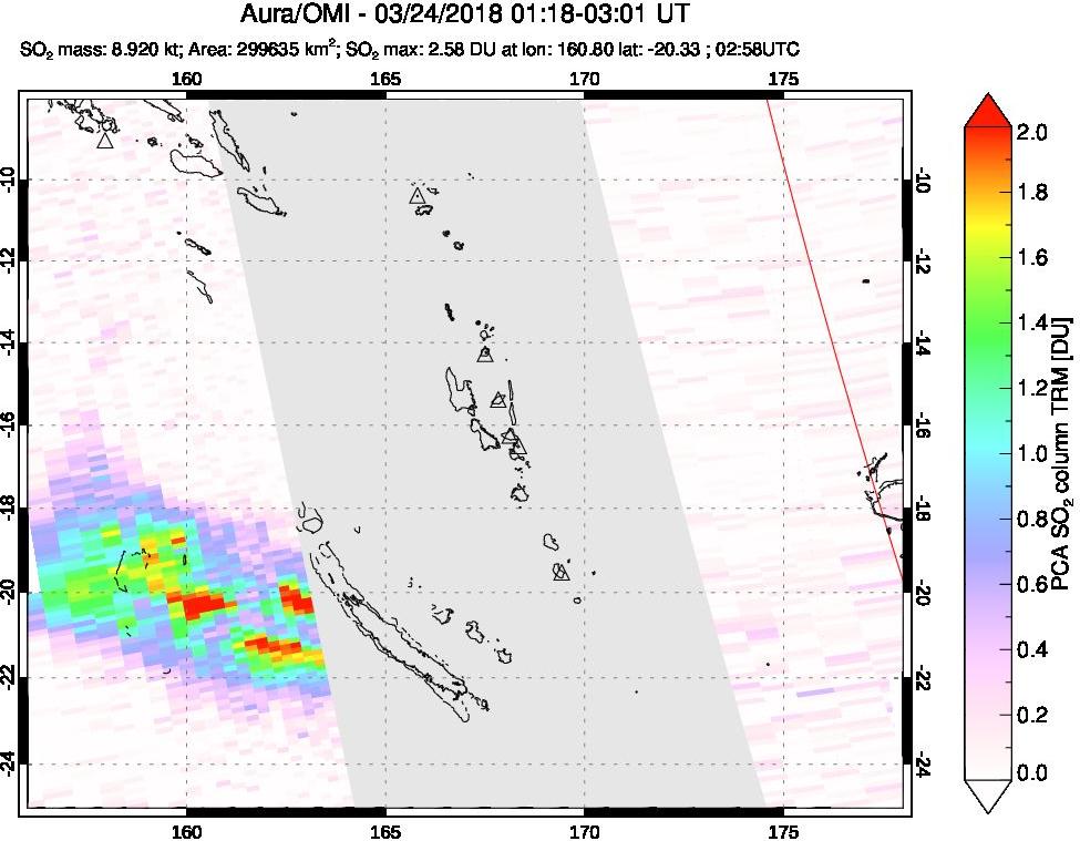 A sulfur dioxide image over Vanuatu, South Pacific on Mar 24, 2018.