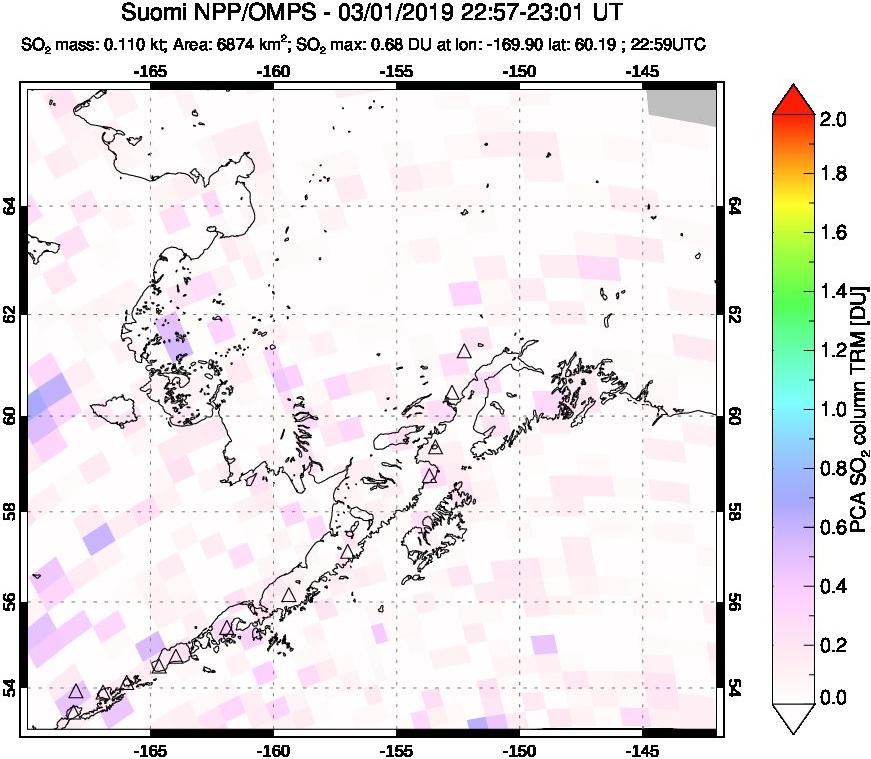 A sulfur dioxide image over Alaska, USA on Mar 01, 2019.