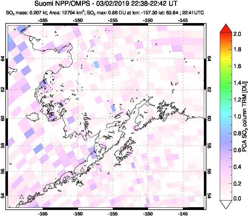 A sulfur dioxide image over Alaska, USA on Mar 02, 2019.