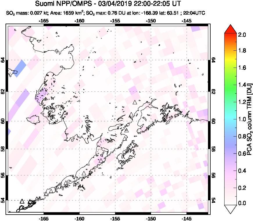 A sulfur dioxide image over Alaska, USA on Mar 04, 2019.