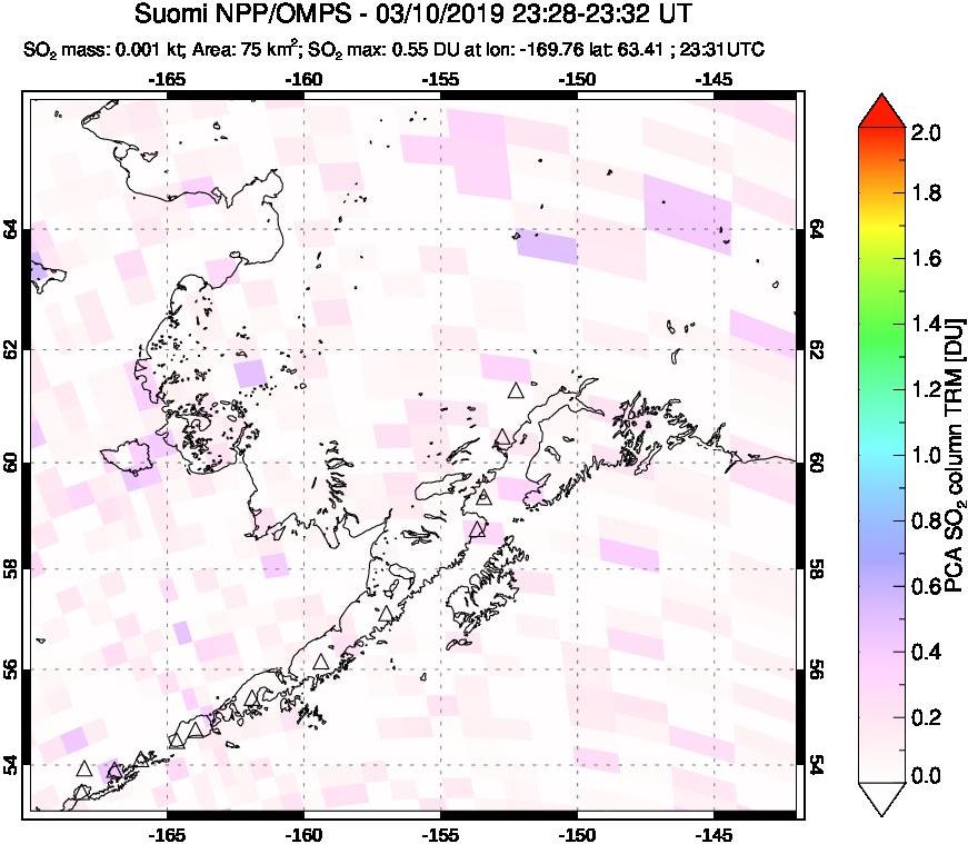 A sulfur dioxide image over Alaska, USA on Mar 10, 2019.
