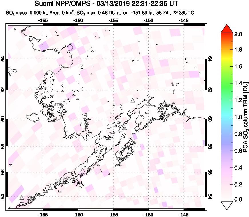 A sulfur dioxide image over Alaska, USA on Mar 13, 2019.