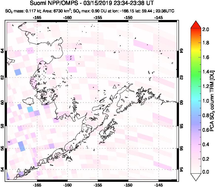A sulfur dioxide image over Alaska, USA on Mar 15, 2019.