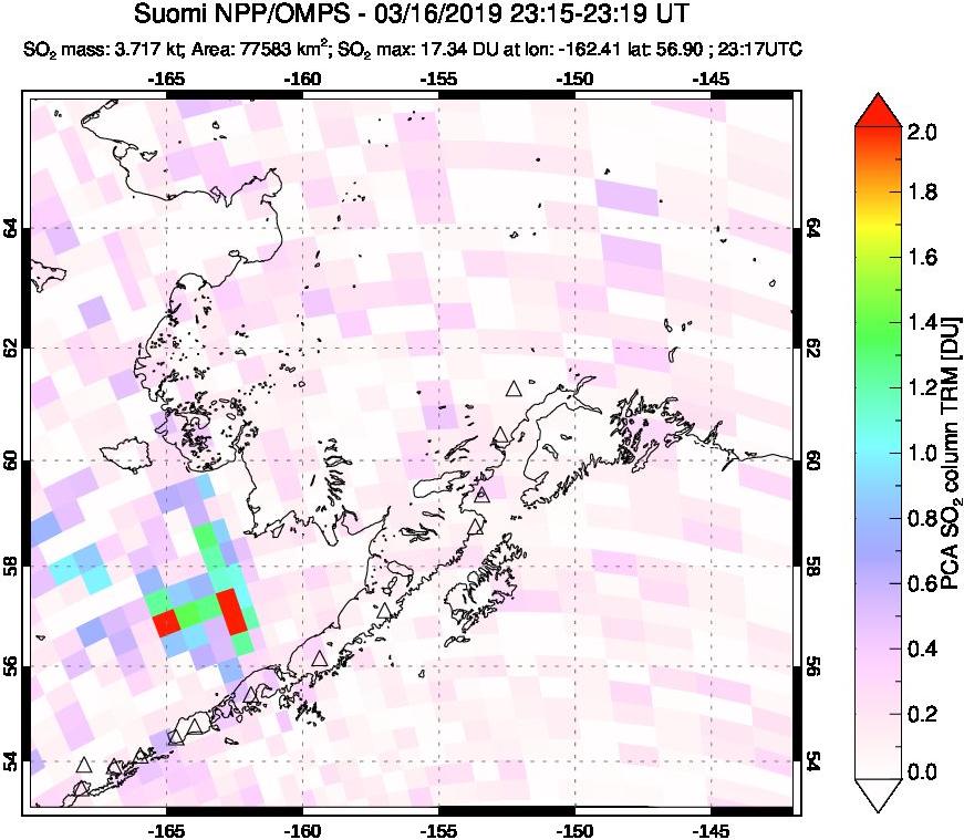 A sulfur dioxide image over Alaska, USA on Mar 16, 2019.