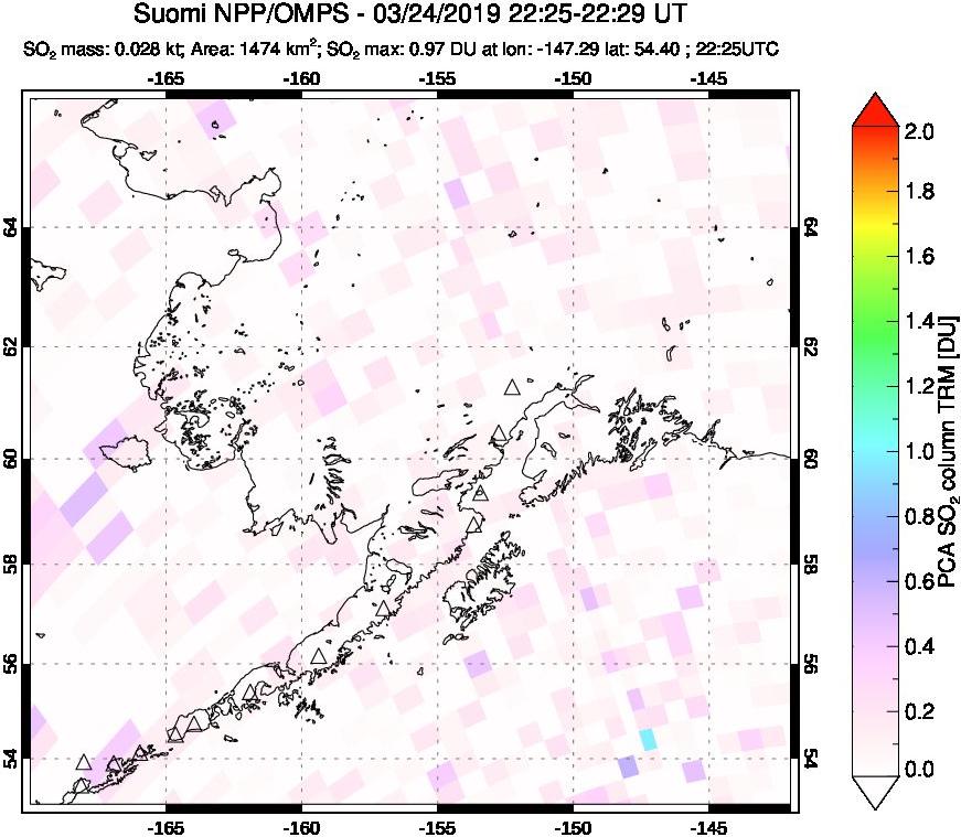 A sulfur dioxide image over Alaska, USA on Mar 24, 2019.