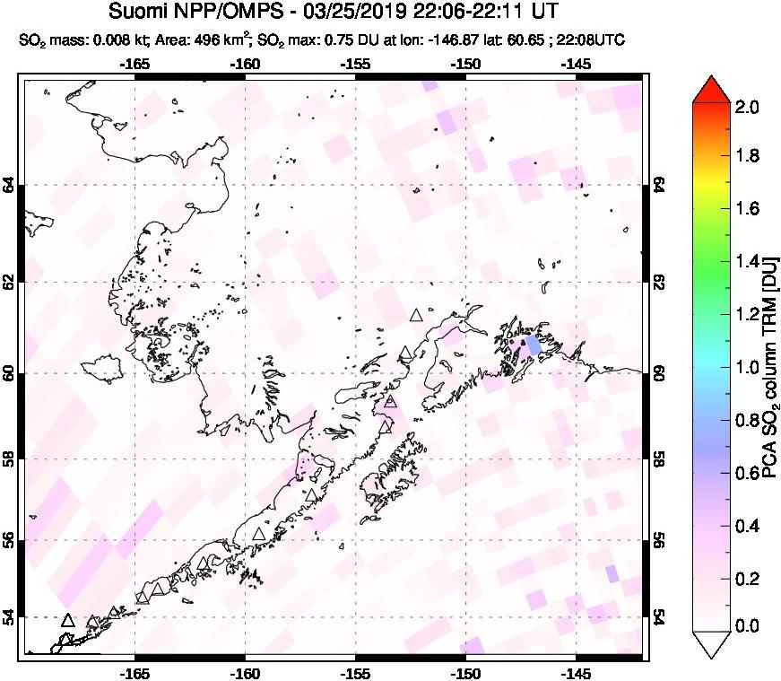 A sulfur dioxide image over Alaska, USA on Mar 25, 2019.