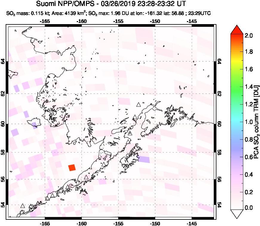 A sulfur dioxide image over Alaska, USA on Mar 26, 2019.
