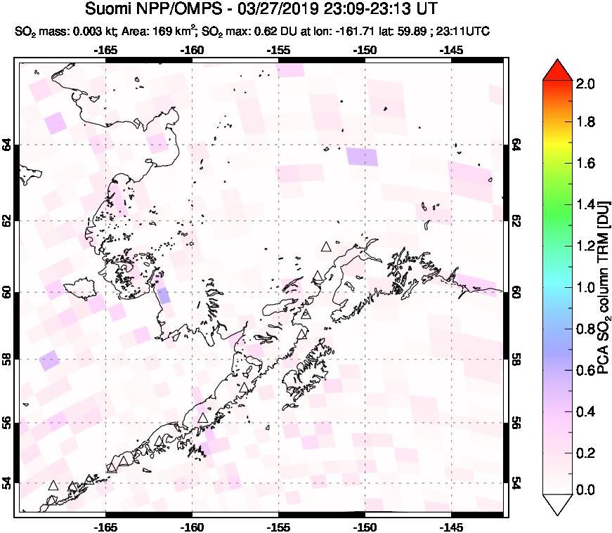 A sulfur dioxide image over Alaska, USA on Mar 27, 2019.