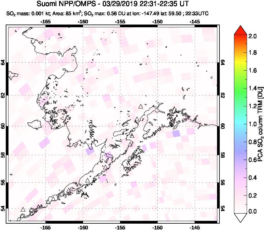 A sulfur dioxide image over Alaska, USA on Mar 29, 2019.