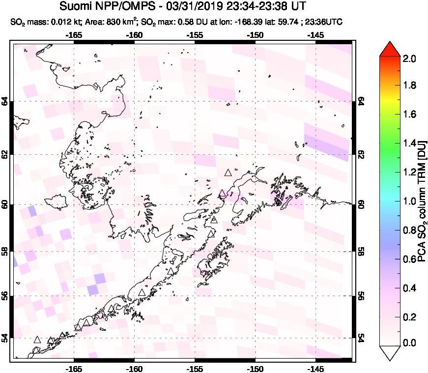 A sulfur dioxide image over Alaska, USA on Mar 31, 2019.