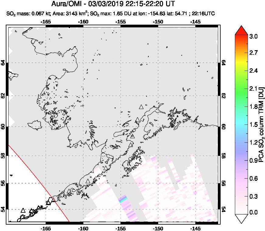A sulfur dioxide image over Alaska, USA on Mar 03, 2019.