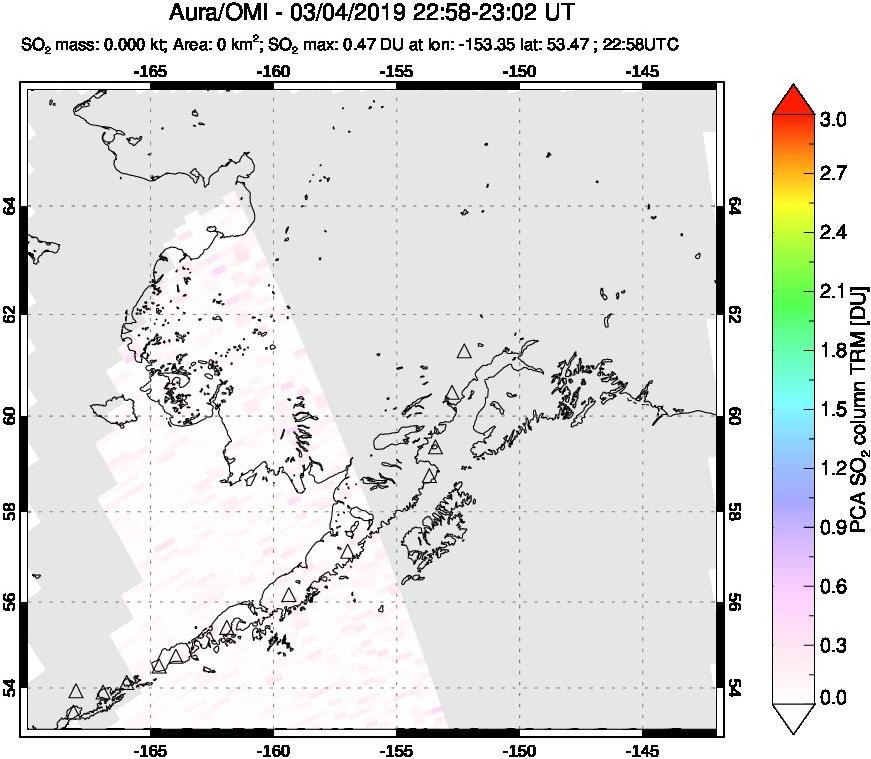 A sulfur dioxide image over Alaska, USA on Mar 04, 2019.