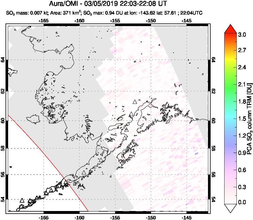 A sulfur dioxide image over Alaska, USA on Mar 05, 2019.