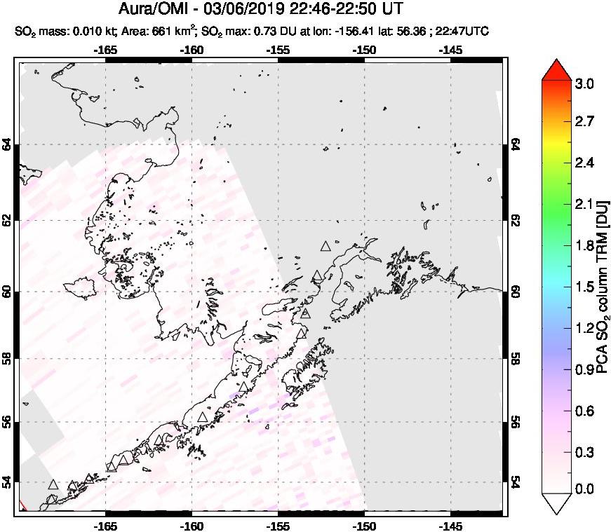 A sulfur dioxide image over Alaska, USA on Mar 06, 2019.