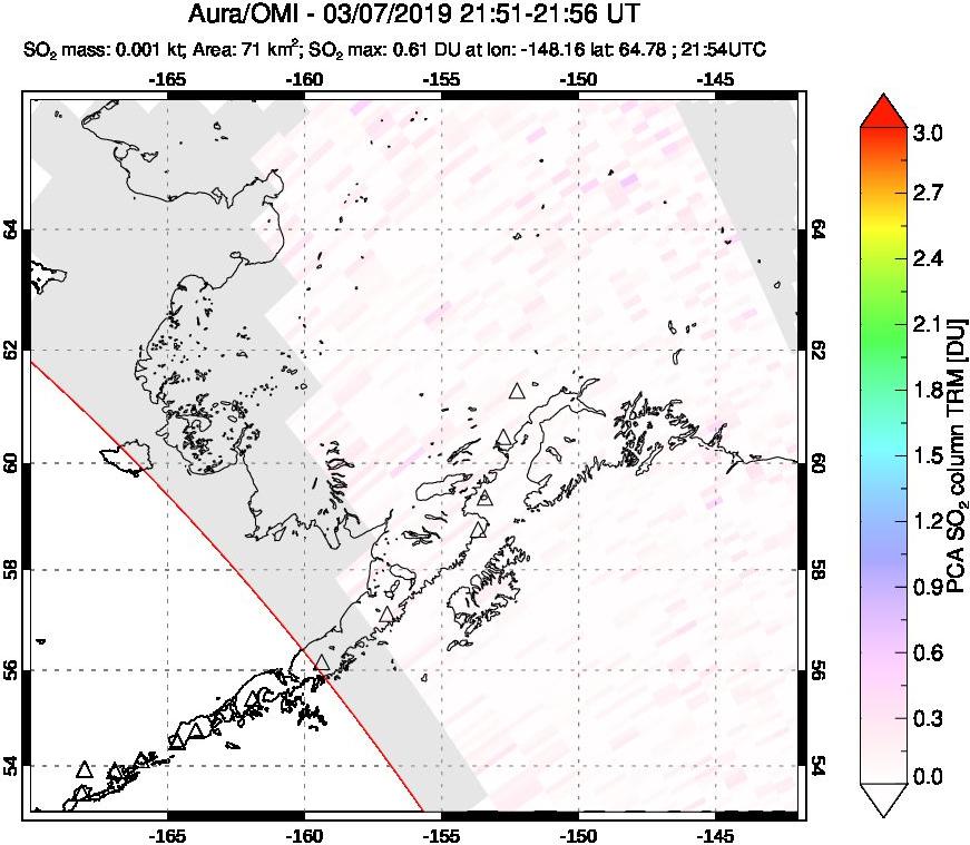 A sulfur dioxide image over Alaska, USA on Mar 07, 2019.
