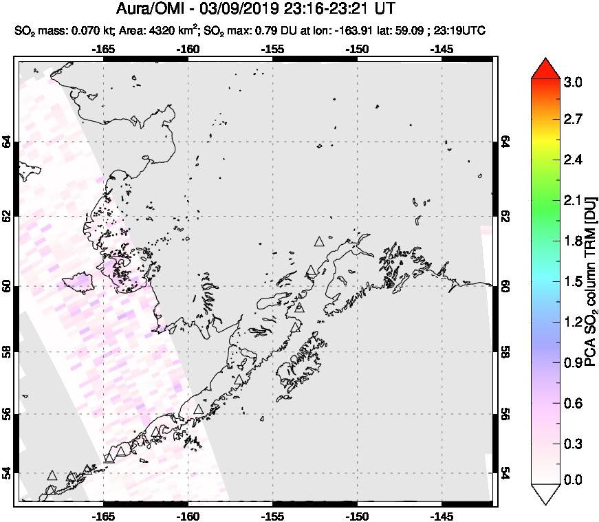 A sulfur dioxide image over Alaska, USA on Mar 09, 2019.