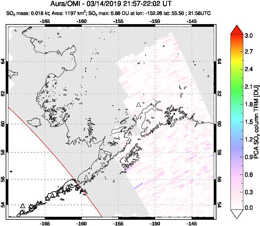 A sulfur dioxide image over Alaska, USA on Mar 14, 2019.