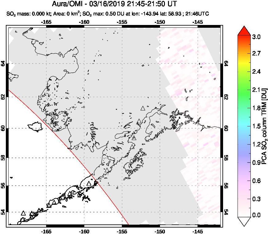 A sulfur dioxide image over Alaska, USA on Mar 16, 2019.