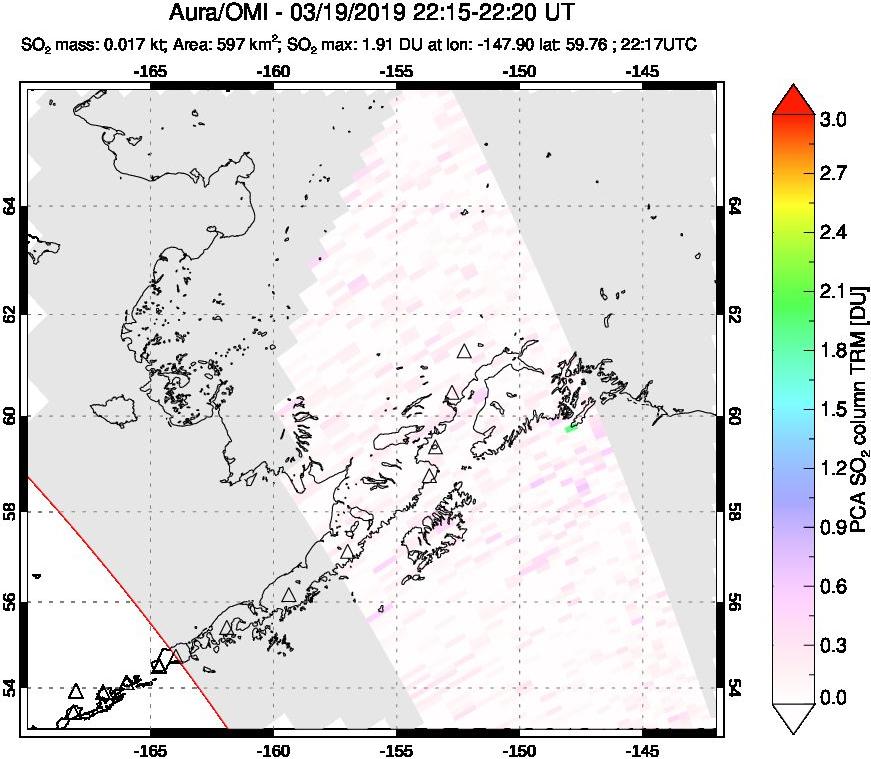A sulfur dioxide image over Alaska, USA on Mar 19, 2019.