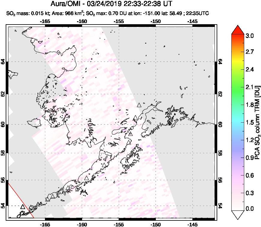 A sulfur dioxide image over Alaska, USA on Mar 24, 2019.