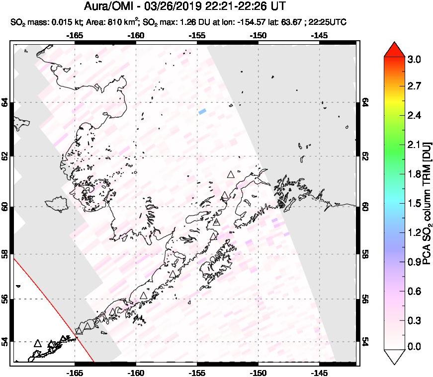 A sulfur dioxide image over Alaska, USA on Mar 26, 2019.