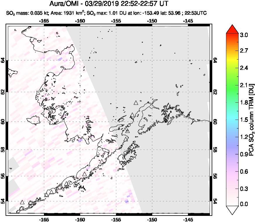 A sulfur dioxide image over Alaska, USA on Mar 29, 2019.